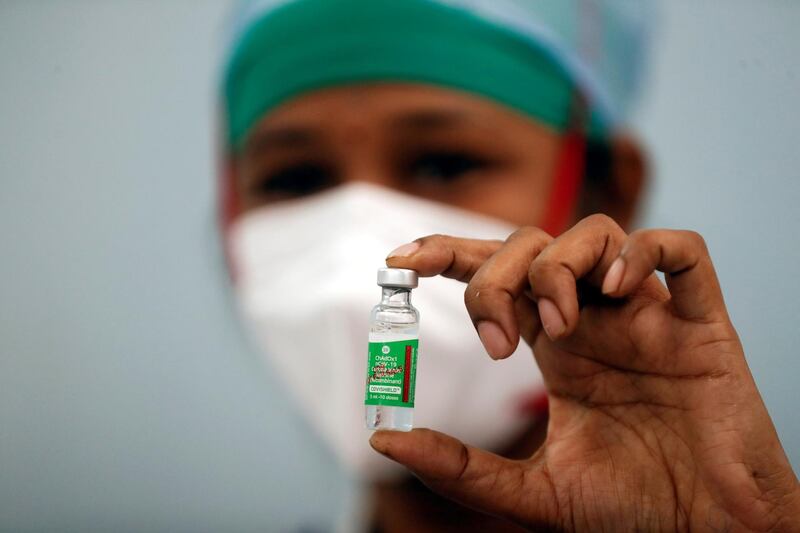 FILE PHOTO: A nurse displays a vial of COVISHIELD, the AstraZeneca COVID-19 vaccine manufactured by Serum Institute of India, at a medical centre in Mumbai, India, January 16, 2021. REUTERS/Francis Mascarenhas/File Photo