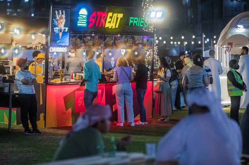 Food trucks and stands at Burj Park.