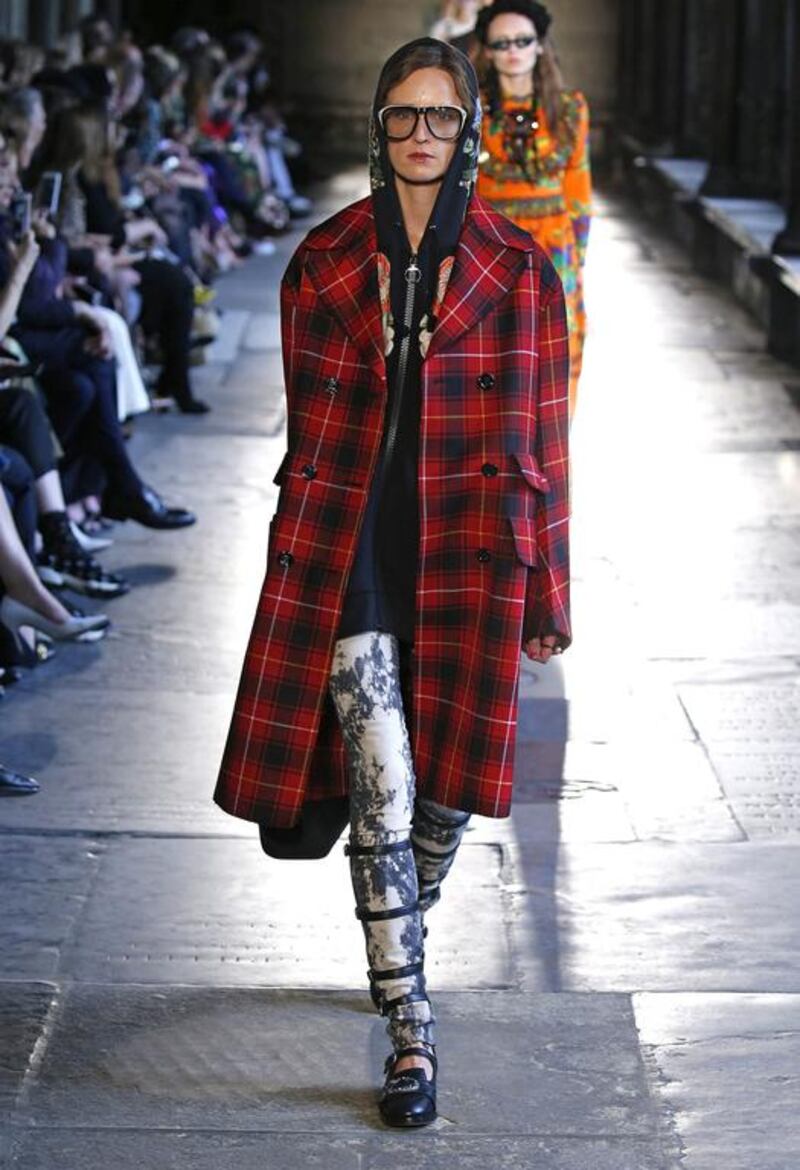A punk edge with bleached jeans and tartan coat for Look 46 at the Gucci Cruise Collection 2017. Courtesy Gucci.