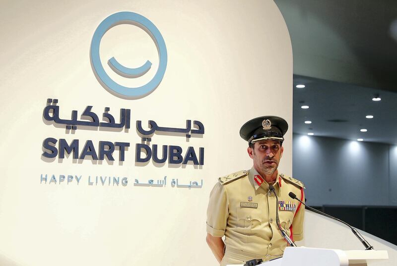 DUBAI , UNITED ARAB EMIRATES , OCT 10   – 2017 :- Maj. Gen. Abdullah Khalifa Al Marri , Commander in-chief of Dubai Police speaking during the launch of new project called “Fajwa” at the GITEX Technology Week held at Dubai World Trade Centre in Dubai. (Pawan Singh / The National ) Story by Nawal