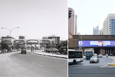 Left: The view down Khalifa bin Zayed Street in Abu Dhabi. It was taken possibly during the late 1970s/early 1980s from the large roundabout on Sheikh Rashid bin Saeed Street (Airport Road), next to Etihad Square. Right: The same scene in 2021. The old Abu Dhabi souq stood on either side of the bridge in the old photo, while the World Trade Centre complex stands there today. Shaukat Ali Sufi Muhammad / Al Ittihad and Khushnum Bhandari / The National 