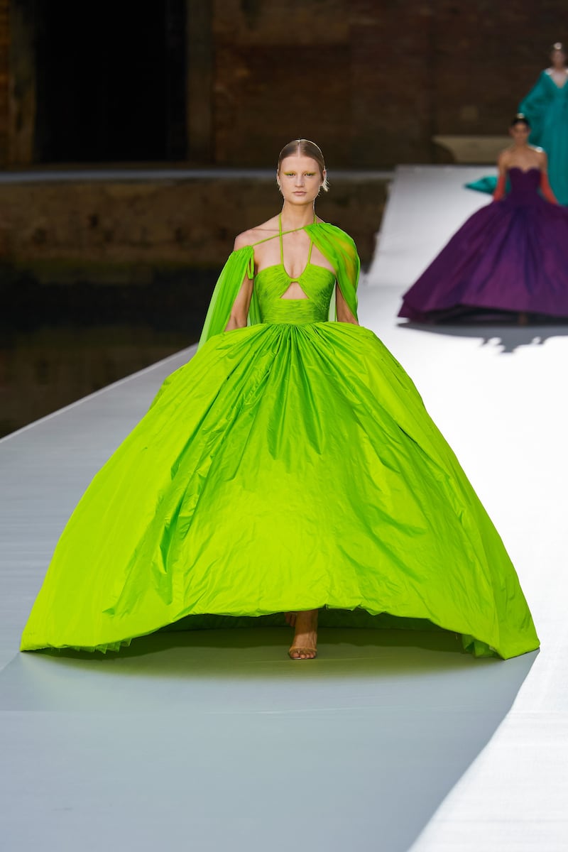 In vivid colours and with huge crinolines, gowns floated down the Valentino haute couture autumn 2021 runway