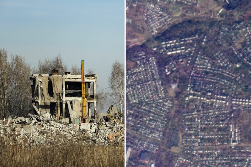 From left to right: Workers clear rubble after a Ukrainian rocket strike in Makiivka, and a satellite image shows the area following the shelling. AP / Reuters