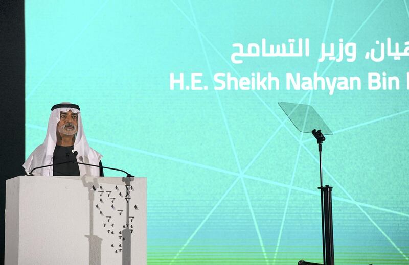 Abu Dhabi, United Arab Emirates - H.E. Sheikh Nahyan Bin Mubarak Al Nayhan, minister of Tolerance speaks at the UAE Peace Gathering at Umm Al Emarat Park on February 1, 2019. Khushnum Bhandari for The National
