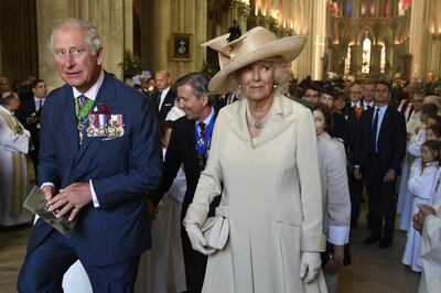 epa07629371 Britain's Prince Charles, Prince of Wales and Britain's Camilla, Duchess of Cornwall leaves after a ceremony at the Cathedral of Bayeux, Normandy, northwestern France, 06 June 2019. World leaders are attending memorial events in Normandy on 06 June to commemorate the 75th anniversary of the D-Day landings, which marked the beginning of the end of World War II in Europe.  EPA/BERTRAND GUAY / POOL  MAXPPP OUT