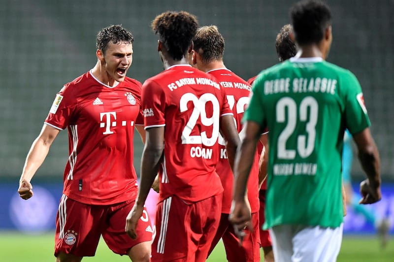 Bayern Munich's Benjamin Pavard and Kingsley Coman celebrate. Reuters