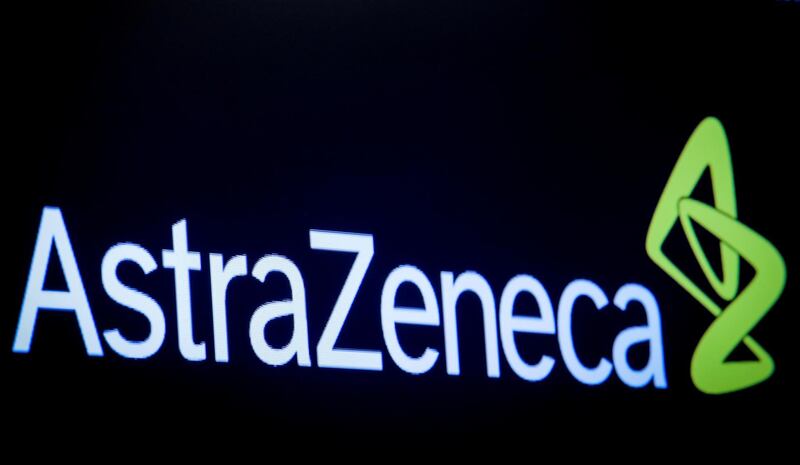 FILE PHOTO: The company logo for pharmaceutical company AstraZeneca is displayed on a screen on the floor at the New York Stock Exchange (NYSE) in New York, U.S., April 8, 2019. REUTERS/Brendan McDermid/File Photo
