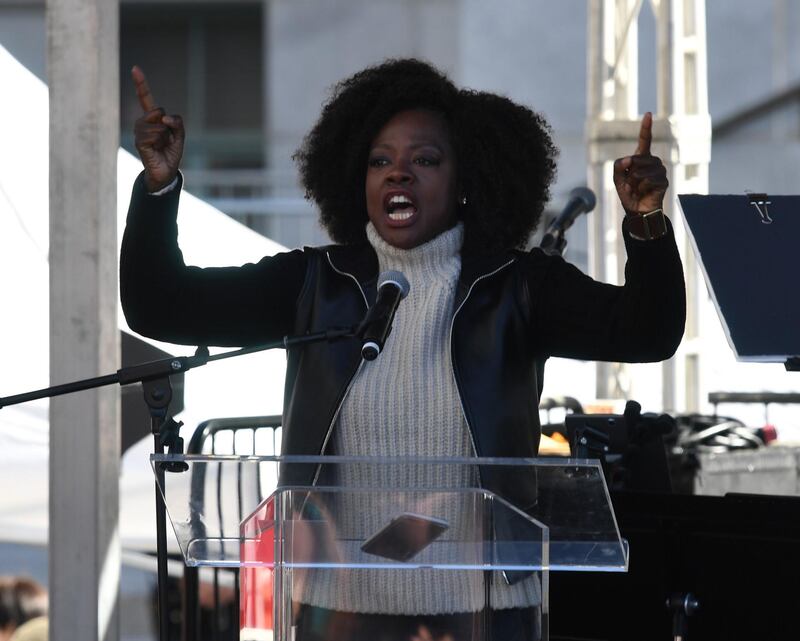 Actress Viola Davis speaks to the 500,000 strong crowd during the Women's Rally on the one-year anniversary of the first Women's March in Los Angeles. Mark Ralston / AFP