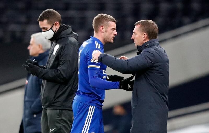 Leicester's Jamie Vardy, left is hugged by Leicester's manager Brendan Rodgers after being substituted during the match against Tottenham Hotspur. AP