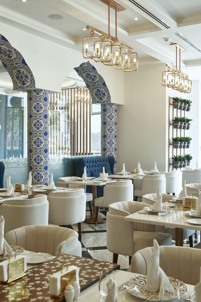 The indoor and main dining area at Sah El Nom on Bluewaters Island Dubai. There are three sections, including an outdoor terrace and shisha lounge
