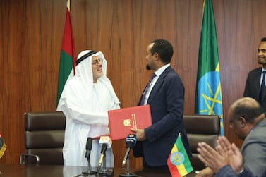 Jasim Al Nowais (L), chairman of the KFED, and Ahmed Shide, Ethiopian Minister of Finance, while signing the $100m agreement in Addis Ababa. Courtesy KFED