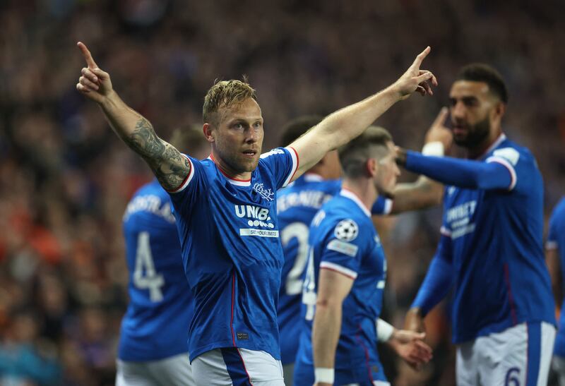 Scott Arfield celebrates putting Rangers ahead. Action Images