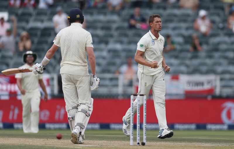 South Africa bowler  Dwaine Pretorius celebrates taking the wicket of England's Zak Crawley. Reuters