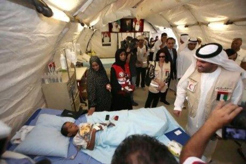 UN goodwill ambassador, Emirati singer Hussain Al Jassemi, visits the mobile Emirati hospital serving in the city of Mafraq, Jordan.
