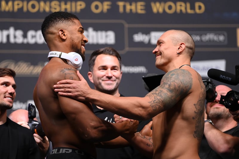Anthony Joshua and Oleksandr Usyk face off during their weigh in. Getty Images