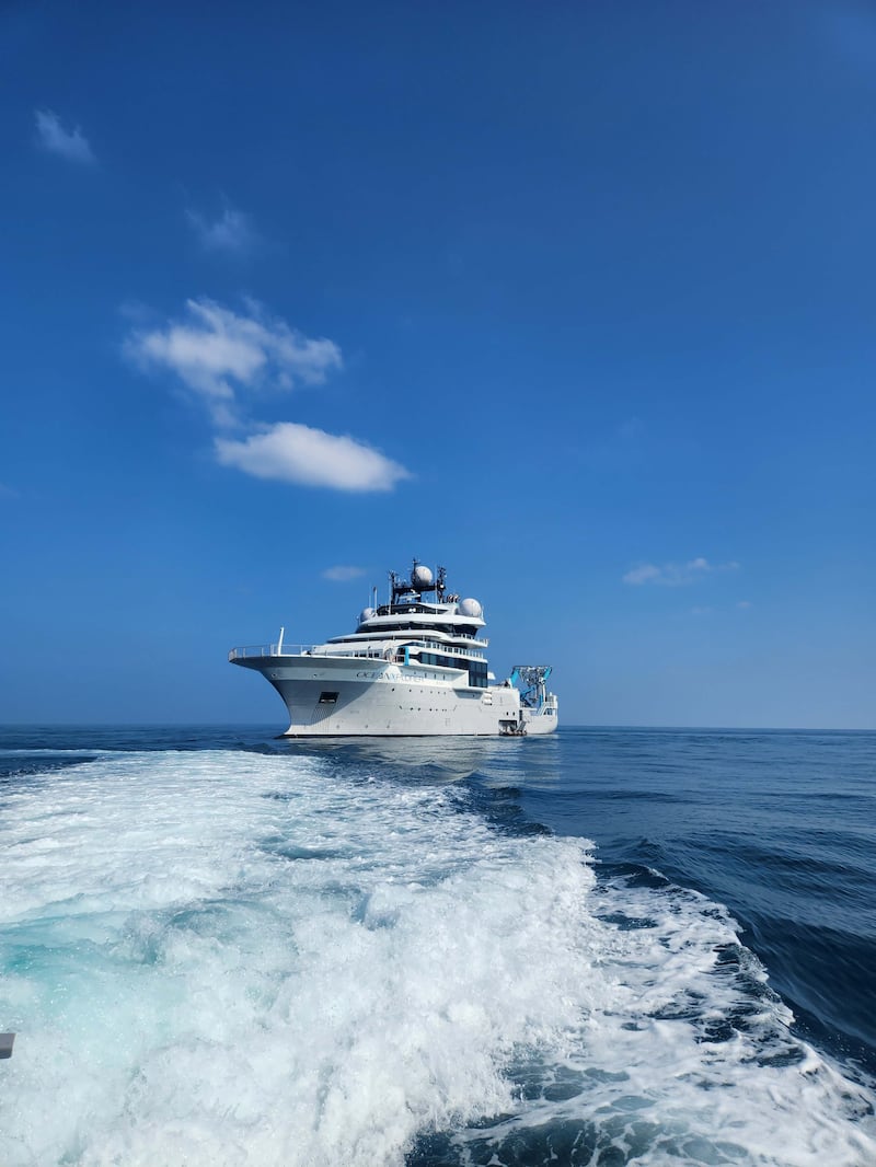 The OceanX vessel, formally called the OceanXplorer, off the UAE's coast in December. Photo: Rebekka Pentti