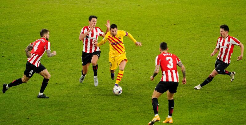 Barcelona's Lionel Messi surrounded by four Athletic Bilbao players during his team's 3-2 La Liga win at the San Mamss Stadium on Wednesday, January 6. Reuters