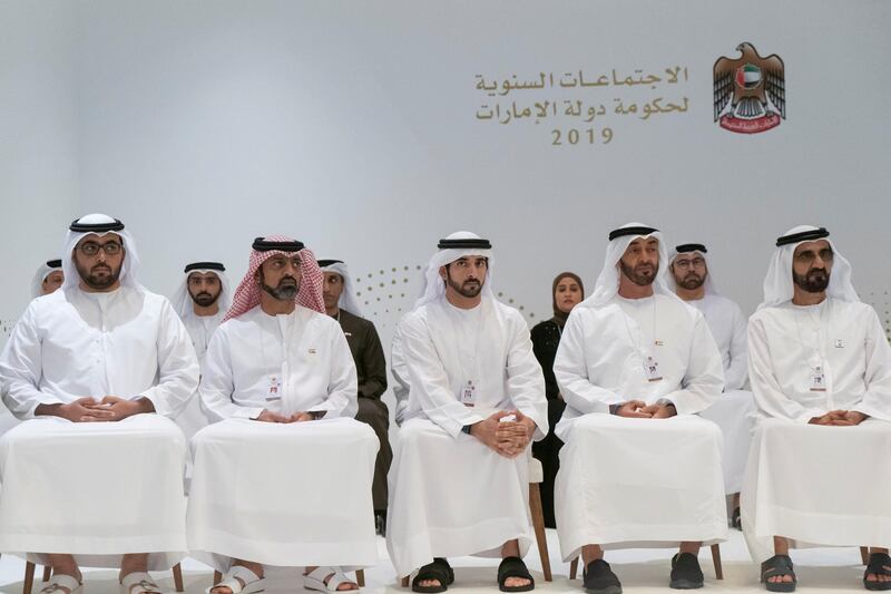 SAADIYAT ISLAND, ABU DHABI, UNITED ARAB EMIRATES - November 25, 2019: HH Sheikh Mohamed bin Zayed Al Nahyan, Crown Prince of Abu Dhabi and Deputy Supreme Commander of the UAE Armed Forces (2nd R) and HH Sheikh Mohamed bin Rashid Al Maktoum, Vice-President, Prime Minister of the UAE, Ruler of Dubai and Minister of Defence (R), chair a 'UAE Crown Princes' meeting, during the UAE Government annual meeting, at The St Regis Saadiyat Island Resort. Seen with HH Sheikh Hamdan bin Mohamed Al Maktoum, Crown Prince of Dubai (3rd R), HH Sheikh Ammar bin Humaid Al Nuaimi, Crown Prince of Ajman (4th R) and HH Sheikh Rashid bin Saud bin Rashid Al Mu'alla, Crown Prince of Umm Al Quwain (L).

( Rashed Al Mansoori / Ministry of Presidential Affairs )
---