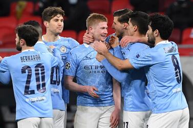 Manchester City's Kevin de Bruyne celebrates with teammates after scoring their first goal against Borussia Moenchengladbach. AP