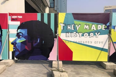 Dubai, United Arab Emirates - October 03, 2019: Posters of different innovators on display with the Innovation Hub. Thursday the 3rd of October 2019. Dubai Internet City, Dubai. Chris Whiteoak / The National