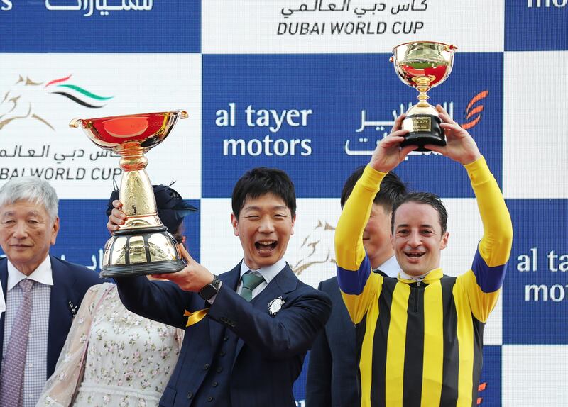 Celebrations for Stay Foolish, ridden by Christophe Lemaire and trained by Yoshito Yahagi, after victory in the Dubai Gold Cup during The Dubai World Cup at Meydan Racecourse. Chris Whiteoak / The National