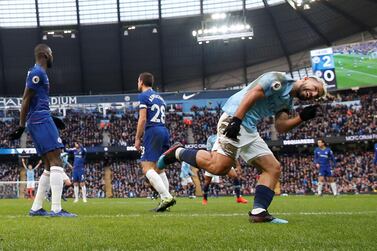 Soccer Football - Premier League - Manchester City v Chelsea - Etihad Stadium, Manchester, Britain - February 10, 2019 Manchester City's Sergio Aguero celebrates scoring their third goal Action Images via Reuters/Carl Recine EDITORIAL USE ONLY. No use with unauthorized audio, video, data, fixture lists, club/league logos or 'live' services. Online in-match use limited to 75 images, no video emulation. No use in betting, games or single club/league/player publications. Please contact your account representative for further details. TPX IMAGES OF THE DAY