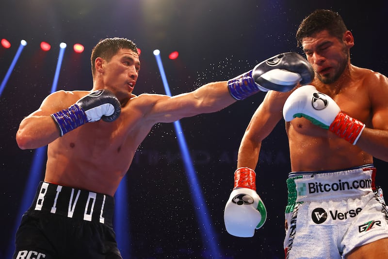 Dmitry Bivol lands a punch on Gilberto Ramirez during his WBA light-heavyweight title win at the Etihad Arena in ABu Dhabi, on November 5, 2022. Getty