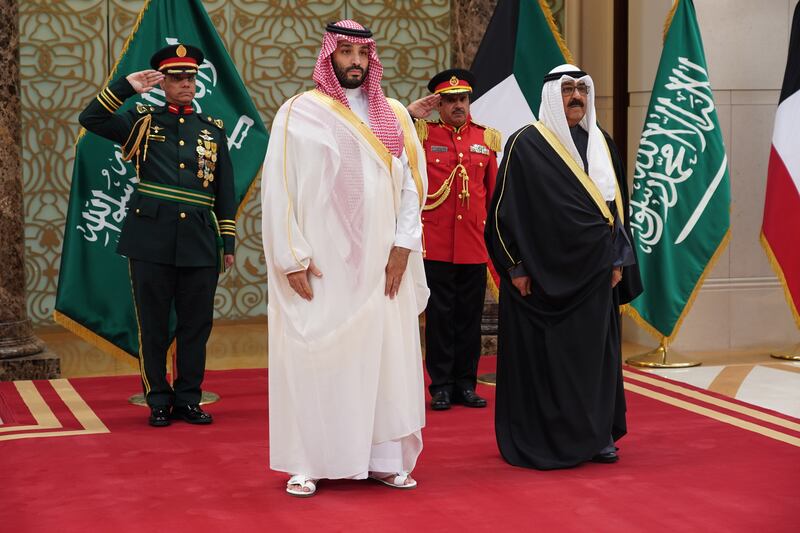 Kuwaiti Crown Prince Sheikh Mishal Al Sabah, right, and Saudi Crown Prince Mohammed bin Salman in Kuwait City. EPA