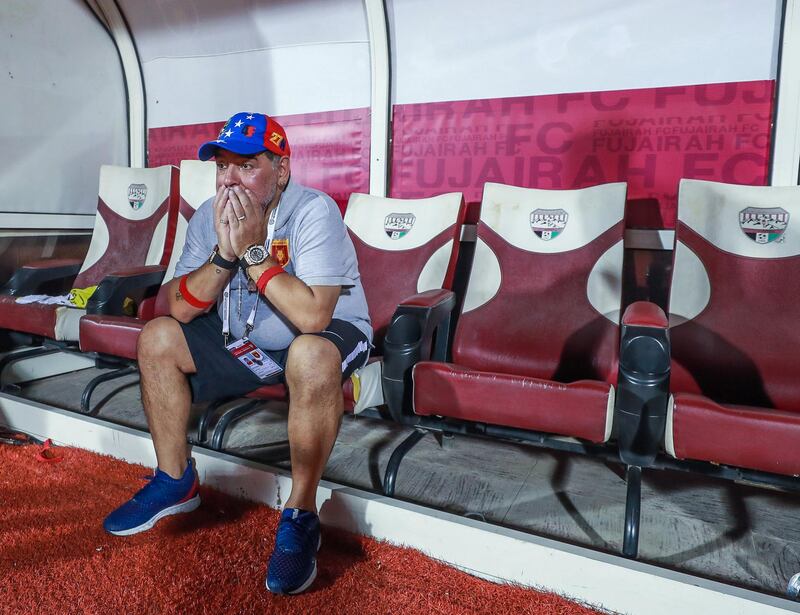 Fujairah, UAE, April 27, 2018.  Final round of 2017/18 First Division. Diego Maradona and Fujairah set to seal promotion to the Arabian Gulf League. 
Victor Besa / The National
Sports
Reporter: John McAuley.