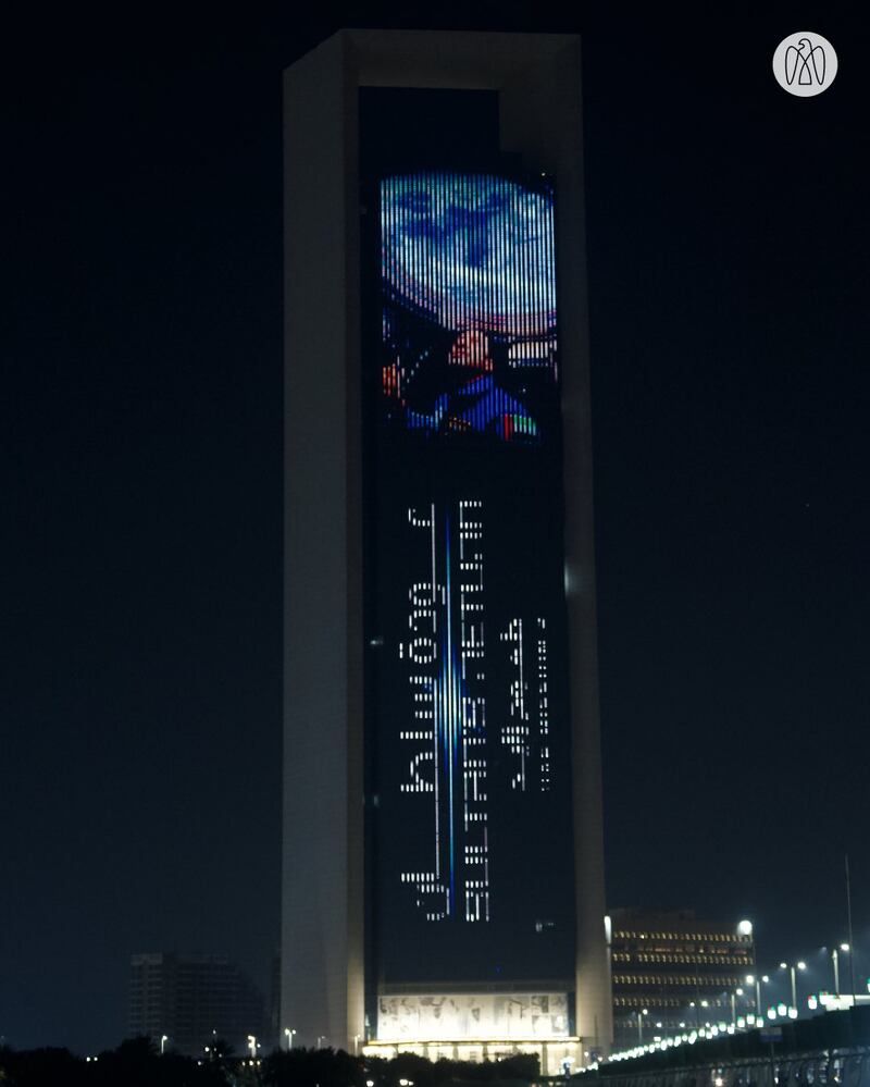 The Mubadala building is lit up to mark Sultan Al Neyadi's return to Earth from the International Space Station. Photo: Abu Dhabi Media Office