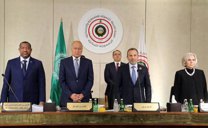 Arab League Secretary General Ahmed Aboul Gheit and Lebanese Foreign Affairs Minister, Gibran Bassil.  EPA