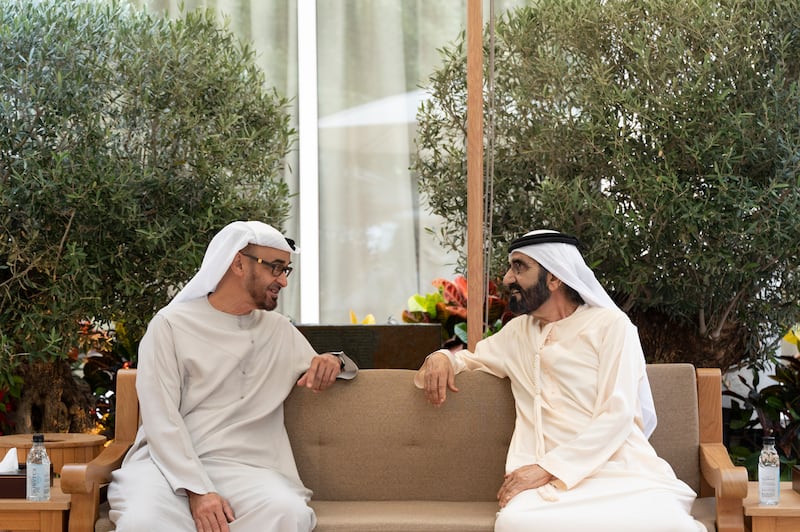 Sheikh Mohamed meets Sheikh Mohammed in Dubai, April 2022. Photo: Ministry of Presidential Affairs 