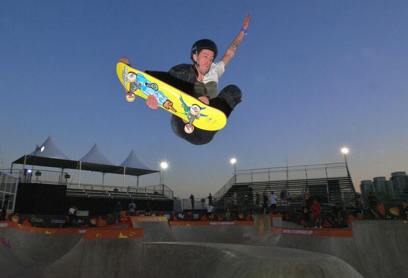 Three-time Olympic gold medalist freestyle snowboarder Shaun White during a practice session at the World Park Skateboarding Championship in Sao Paulo.   AFP