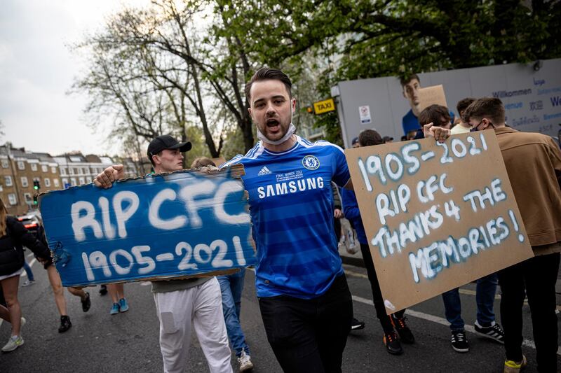 Chelsea fans protest against the European Super League outside Stamford Bridge. Getty
