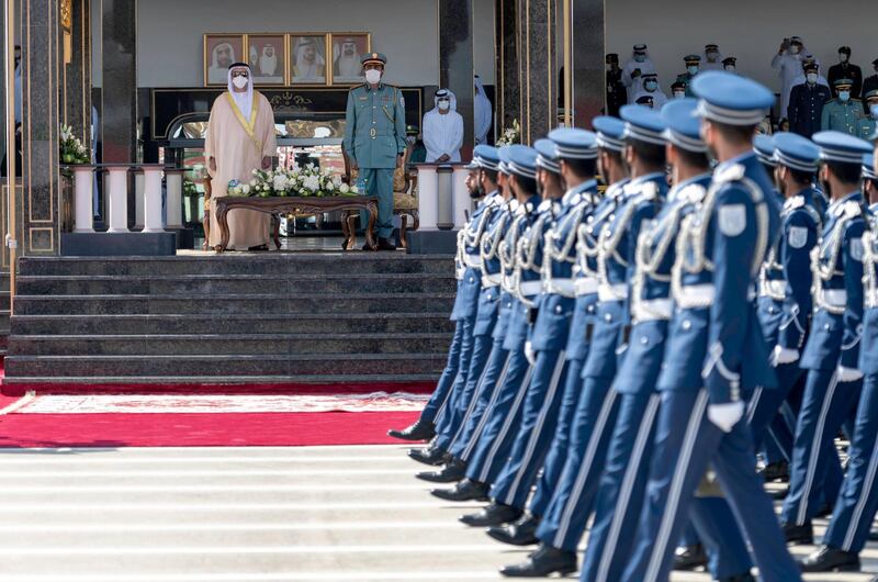 Sheikh Saif inspects passing police graduates. Wam