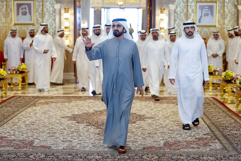 Sheikh Mohammed arrives at his majlis at Zabeel Palace, accompanied by Sheikh Hamdan bin Mohammed, Dubai Crown Prince; Sheikh Maktoum bin Mohammed, Deputy Prime Minister, Minister of Finance and Deputy Ruler of Dubai; Sheikh Ahmed bin Saeed, chairman of Dubai Civil Aviation and chief executive of Emirates airline and group, and other officials, in Dubai, in November 2022. Wam