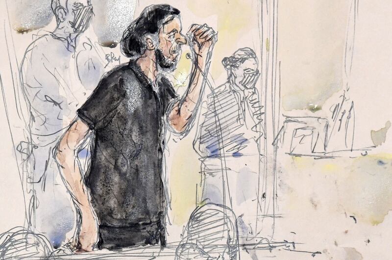 A court sketch of Salah Abdeslam during the first day of the trial of the November 2015 Paris terrorist attacks, taking place in a temporary courtroom at the Palais de Justice. AFP