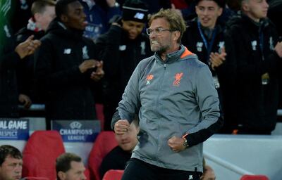 epa06690437 Liverpool’s manager Jurgen Klopp reacts during the UEFA Champions League semi final, first leg soccer match between Liverpool FC and AS Roma at Anfield, Liverpool, Britain, 24 April 2018.  EPA/PETER POWELL