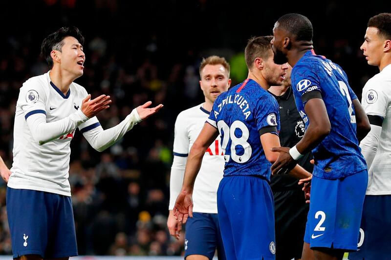 Son Heung-min, left, appeals to Antonio Rudiger during the incident that saw the Tottenham player sent-off and the Chelsea defender suffer racial abuse. Reuters