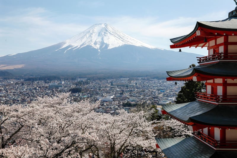 epa08429124 (FILE) Japan's highest peak Mount Fuji, 3,776.24m, is seen over cherry blossoms in full bloom and a memorial pagoda for war dead at Arakurayama Sengen Park in Fujiyoshida, Yamanashi Prefecture, central Japan, 16 April 2019 (reissued 18 May 2020). According to media reports on 18 May 2020, Mount Fuji will be closed to tourists and climbers this summer amid the COVID-19 coronavirus pandemic.  EPA-EFE/KIMIMASA MAYAMA *** Local Caption *** 56093360