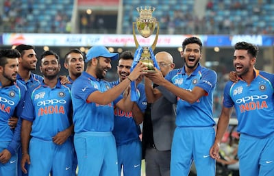 DUBAI , UNITED ARAB EMIRATES, September 28 , 2018 :- Members of the Indian cricket team celebrating after winning the final of Unimoni Asia Cup UAE 2018 cricket match beating Bangladesh at Dubai International Cricket Stadium in Dubai. ( Pawan Singh / The National )  For News/Sports/Instagram/Big Picture. Story by Paul