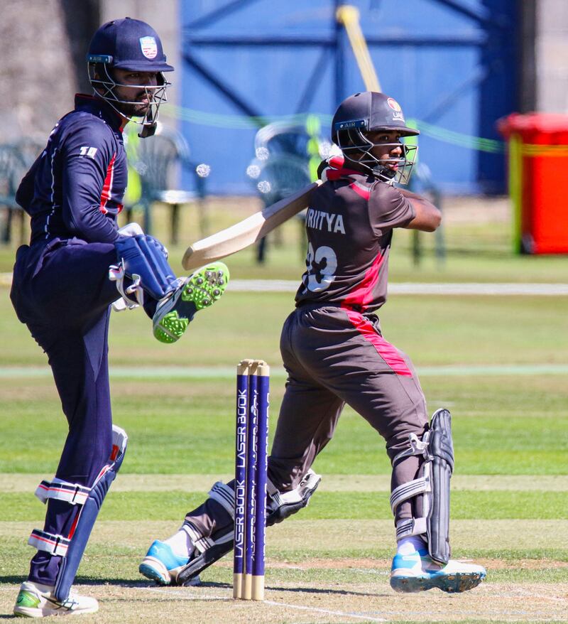 UAE batter Vriitya Aravind punches behind point. 