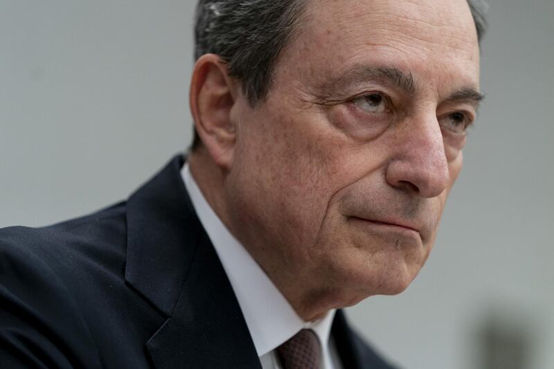 Mario Draghi, president of the European Central Bank (ECB), listens at a press conference following an International Monetary Fund Committee (IMFC) plenary session at the spring meetings of the International Monetary Fund (IMF) and World Bank in Washington, D.C., U.S., on Saturday, April 13, 2019. The International Monetary Fund warned governments not to rock the boat with trade wars and other disruptions at a time when the global economy is already sailing through choppy waters. Photographer: Joshua Roberts/Bloomberg