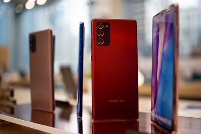 Samsung Electronics Co. Galaxy Note 20 smartphones displayed at the company's Digital Plaza store in Seoul, South Korea, on Tuesday, Jan. 26, 2021. Samsung is schedule to announce fourth-quarter earning figures on Jan. 28. Photographer: SeongJoon Cho/Bloomberg