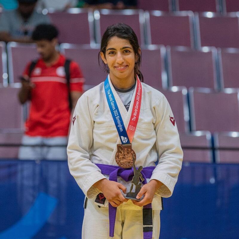 Shamma Al Kalbani with her second bronze medal at the World Games in Alabama. Photo:  UAEJJF
