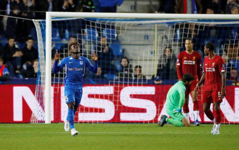 Genk's Stephen Odey celebrates scoring the goal against Liverpool. Reuters