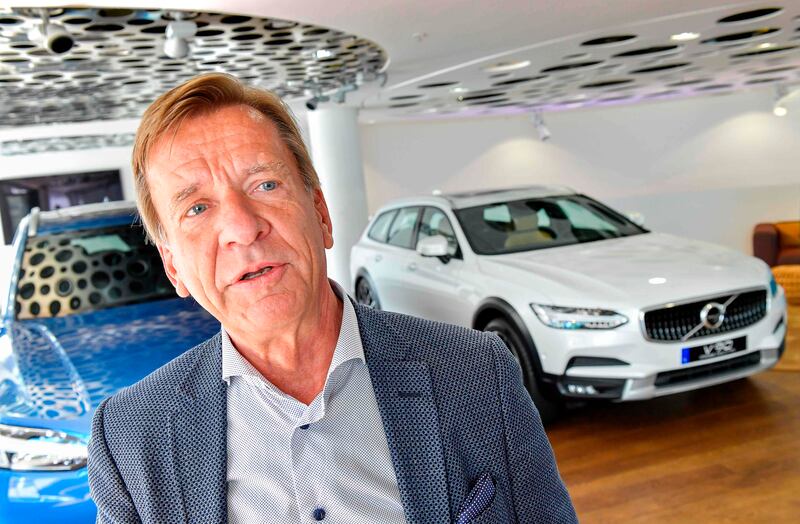 Volvo Cars CEO Hakan Samuelsson speaks during an interview at Volvo Cars Showroom in Stockholm, Sweden, on July 05, 2017.
 
Samuelsson said that all Volvo cars will be electric or hybrid within two years. The Chinese-owned automotive group plans to phase out the conventional car engine. Jonas EKSTROMER / AFP