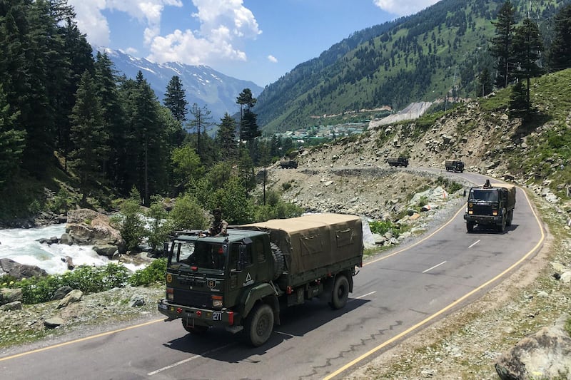 An Indian army convoy makes way towards Leh, bordering China, in Gagangir. Twenty Indian soldiers were killed during "hand-to-hand' fighting with Chinese troops in a disputed Himalayan region, India's military said, the first deadly clash between the nuclear powers in decades.  AFP