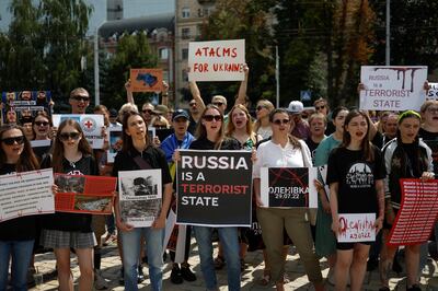 Relatives of defenders of the Azovstal Iron and Steel Works in Mariupol hold a rally demanding to recognise Russia as a state sponsor of terrorism. Reuters.
