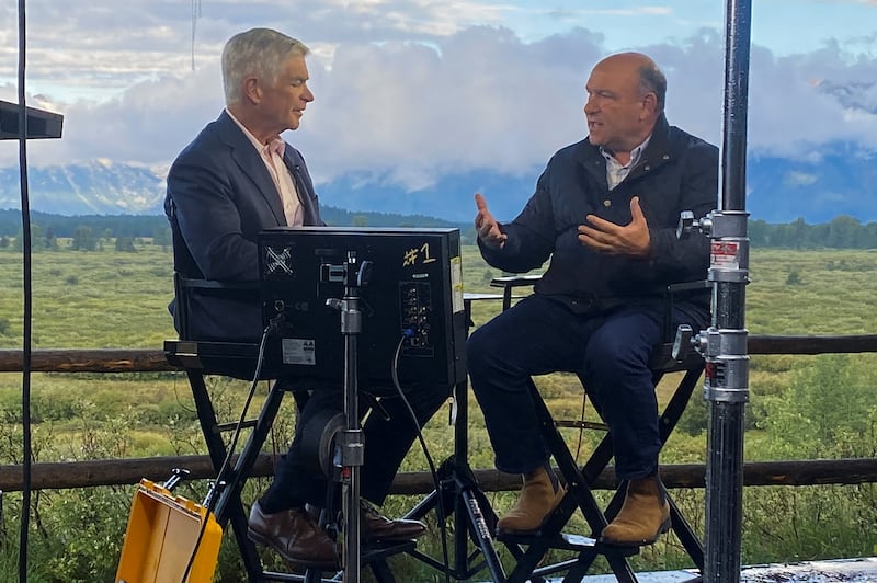 Philadelphia Federal Reserve Bank President Patrick Harker, left, speaks with CNBC's Steve Liesman in an interview ahead of the annual Federal Reserve Bank of Kansas City's Economic Policy Symposium, at Jackson Hole, Wyoming. Reuters